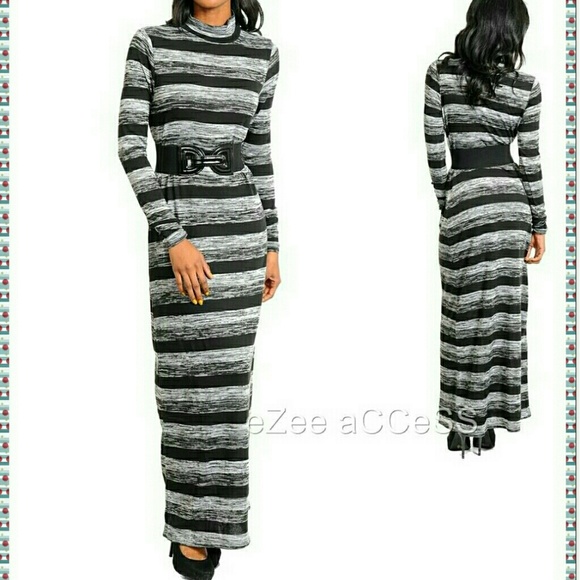 Knit Long Maxi Dress Long Sleeves Belt Black Gray Fitted Sexy